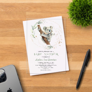 Invitations En Acrylique Aquarelle Cute Koala Baby shower d'or vert