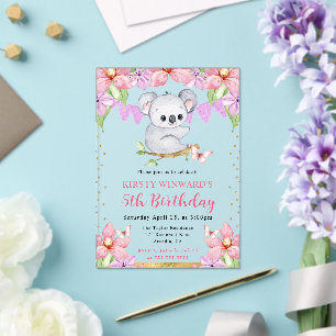Invitations En Acrylique Aquarelle Cute Koala & Fleurs tropicales Anniversa