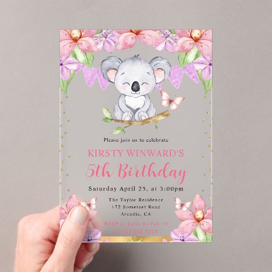 Invitations En Acrylique Aquarelle Cute Koala & Fleurs tropicales Anniversa (In situ (ordinateur de poche))