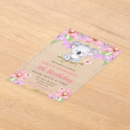 Invitations En Acrylique Aquarelle Cute Koala & Fleurs tropicales Anniversa (Poser)