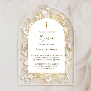 Invitations En Acrylique Aquarelle de baptême fleurs jaunes blanches