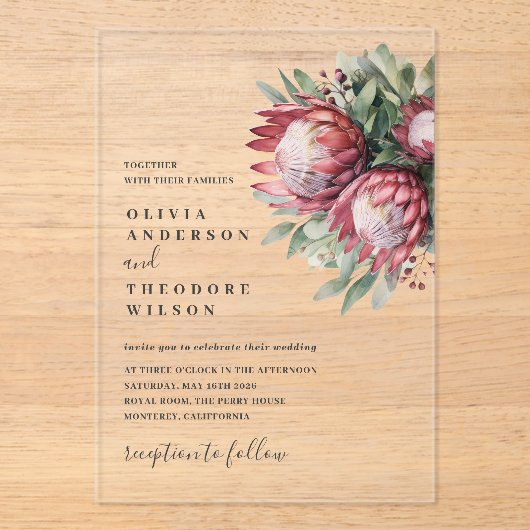 Invitations En Acrylique Aquarelle de Protea autochtone Boho floral Botaniq (Recto)