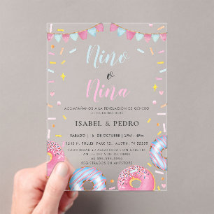 Invitations En Acrylique Aquarelle Donuts & Confetti Spanish Gender Revela