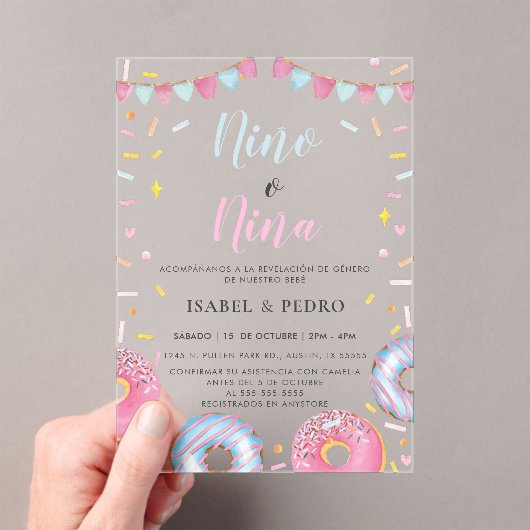Invitations En Acrylique Aquarelle Donuts & Confetti Spanish Gender Revela (In situ (ordinateur de poche))