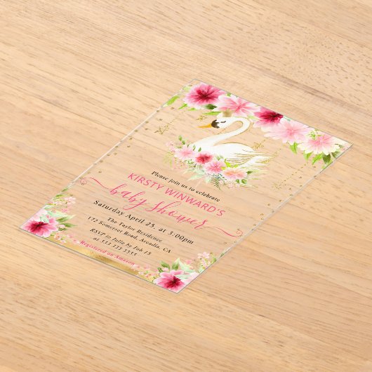 Invitations En Acrylique Aquarelle Été Fleurs roses Baby shower de cygne (Poser)