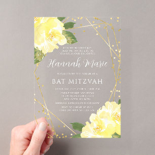 Invitations En Acrylique Aquarelle Fête de Bar-Mitsva Fleur Jaune Or