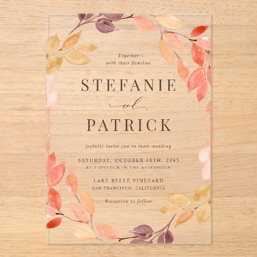 Invitations En Acrylique Aquarelle Feuillage d'automne Mariage de automne d (Recto)