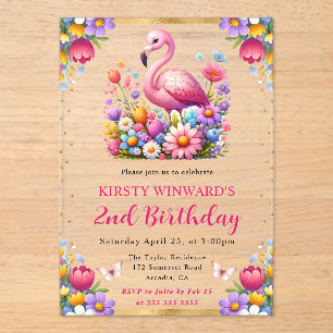 Invitations En Acrylique Aquarelle Flamant de Pâques Fleurs de Printemps An
