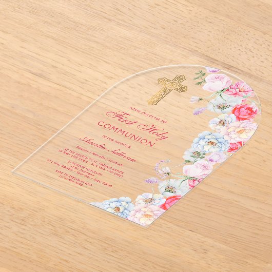 Invitations En Acrylique Aquarelle Fleurs Arc Première communion (Poser)
