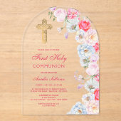Invitations En Acrylique Aquarelle Fleurs Arc Première communion (Recto)