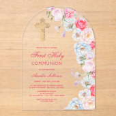 Invitations En Acrylique Aquarelle Fleurs Arc Première communion (Recto)