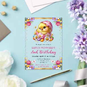 Invitations En Acrylique Aquarelle Fleurs de Printemps Poussin de Pâques An
