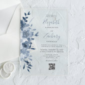 Invitations En Acrylique Aquarelle Floral Dusty bleu QR Code Mariage