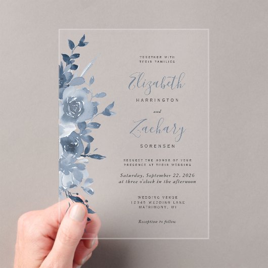 Invitations En Acrylique Aquarelle Floral Dusty Mariage bleu (In situ (ordinateur de poche))