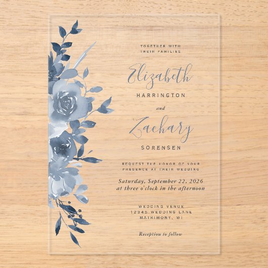 Invitations En Acrylique Aquarelle Floral Dusty Mariage bleu (Recto)