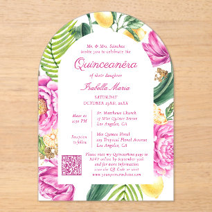 Invitations En Acrylique Aquarelle Floral Pink Peonies QR Code Quinceañera