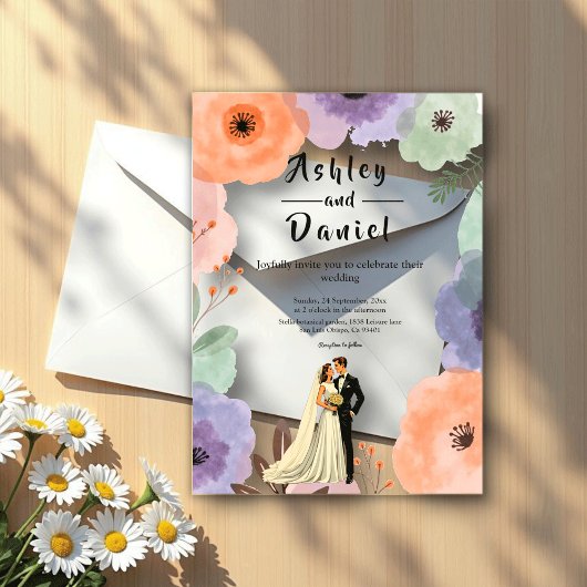 Invitations En Acrylique Aquarelle Floral Romantique Couple Élégant Mariage