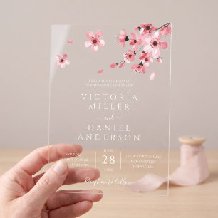 Invitations En Acrylique Aquarelle Floral rose cerisier Mariage