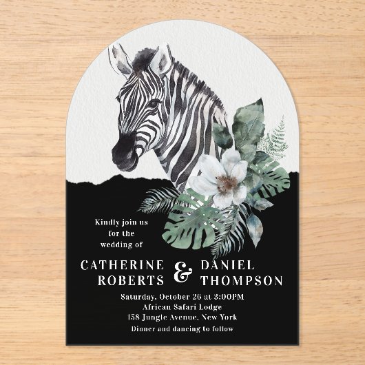Invitations En Acrylique Aquarelle Floral Zebra Safari Mariage (Recto)