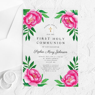 Invitations En Acrylique Aquarelle Florale Communion Solennelle Roses Pivoi