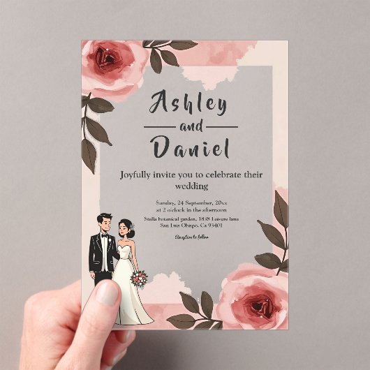 Invitations En Acrylique Aquarelle Florale Dusty Blush Rose Couple Mariage (In situ (ordinateur de poche))