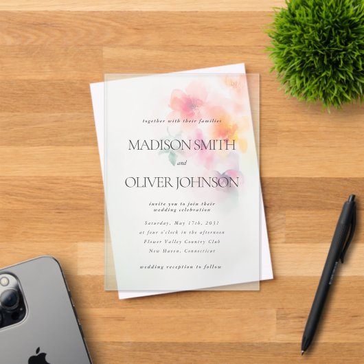 Invitations En Acrylique Aquarelle florale Élégant Mariage clair (Insitu (Carte d'invitation))