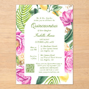 Invitations En Acrylique Aquarelle Florale Photo QR Code Quinceañera