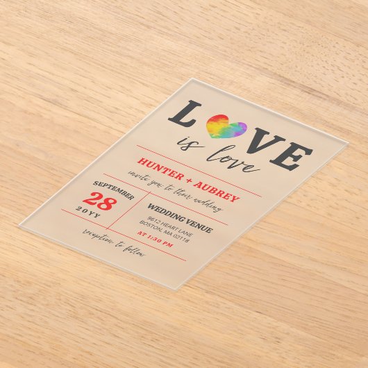 Invitations En Acrylique Aquarelle L'amour du coeur est amour Mariage gay l (Poser)