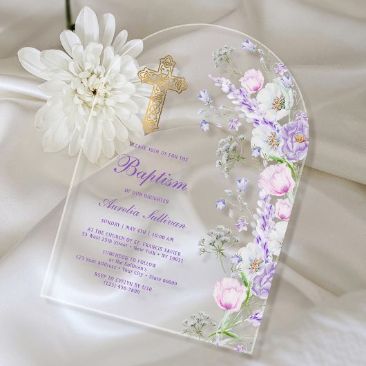 Invitations En Acrylique Aquarelle Lilac Fleurs Arc Baptême