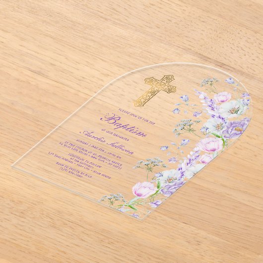 Invitations En Acrylique Aquarelle Lilac Fleurs Arc Baptême (Poser)