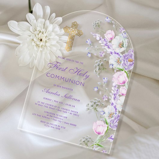 Invitations En Acrylique Aquarelle Lilac Fleurs Arc Première communion