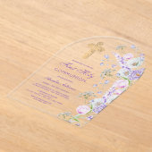 Invitations En Acrylique Aquarelle Lilac Fleurs Arc Première communion (Poser)