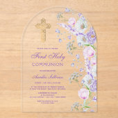 Invitations En Acrylique Aquarelle Lilac Fleurs Arc Première communion (Recto)