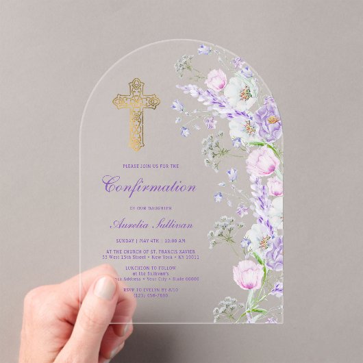 Invitations En Acrylique Aquarelle Lilac Fleurs Arch Confirmation (In situ (ordinateur de poche))
