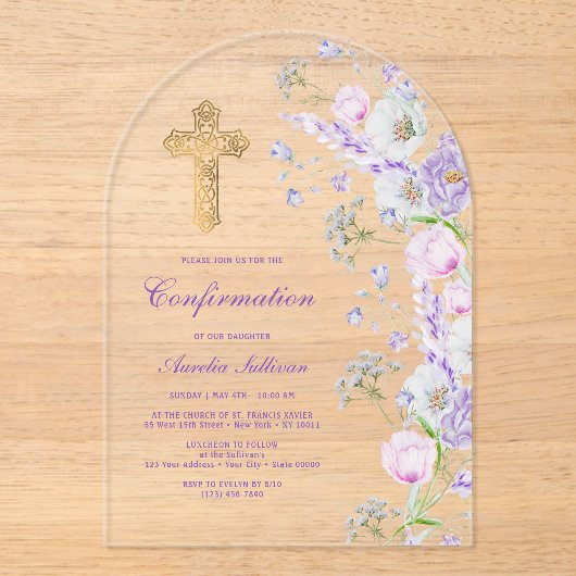 Invitations En Acrylique Aquarelle Lilac Fleurs Arch Confirmation (Recto)