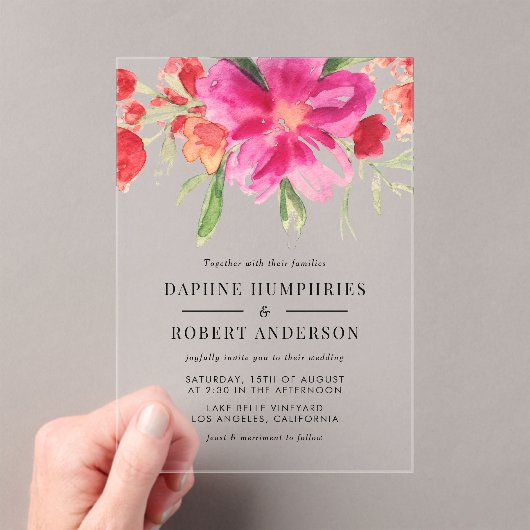 Invitations En Acrylique Aquarelle Magenta Rose Fleurs Mariage botanique (In situ (ordinateur de poche))