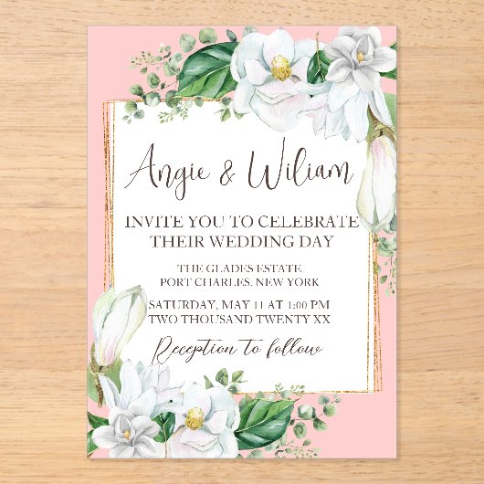 Invitations En Acrylique Aquarelle Magnolia Blush Mariage (Recto)