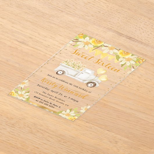 Invitations En Acrylique Aquarelle marguerites Camion et fleurs Sweet sixte (Poser)