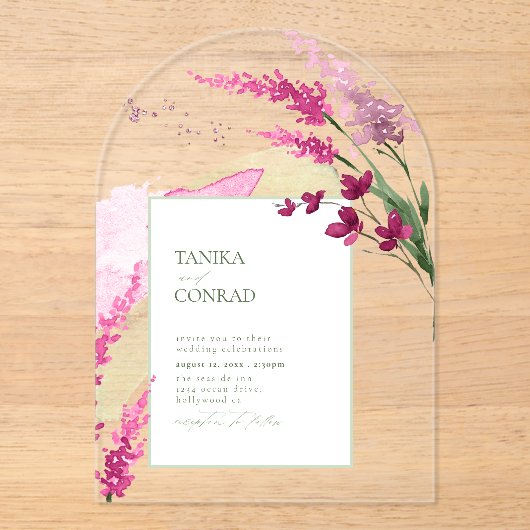 Invitations En Acrylique Aquarelle Mariage fleur sauvage Fuchsia Arch ID954 (Recto)