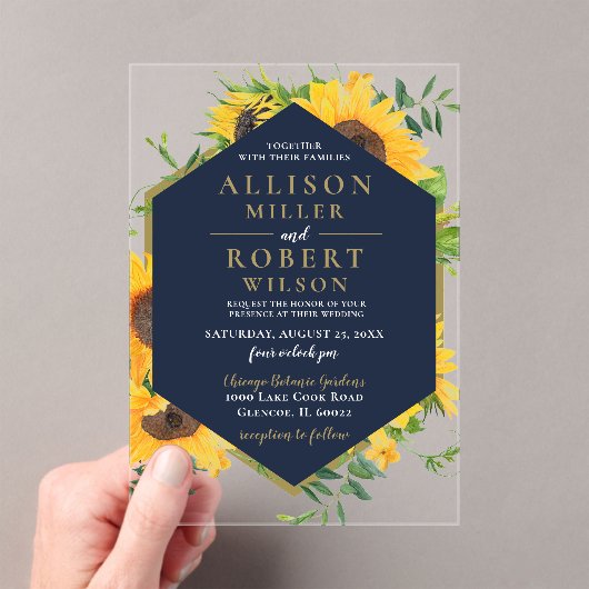 Invitations En Acrylique Aquarelle Marine Bleu Tournesol Mariage rustique (In situ (ordinateur de poche))