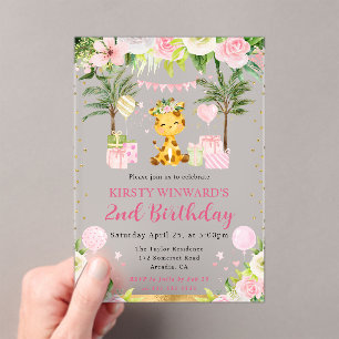 Invitations En Acrylique Aquarelle mignonne rose Jungle Giraffe Anniversair