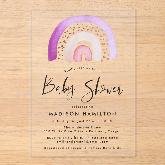 Invitations En Acrylique Aquarelle mignonne violet Baby shower arc-en-ciel (Recto)