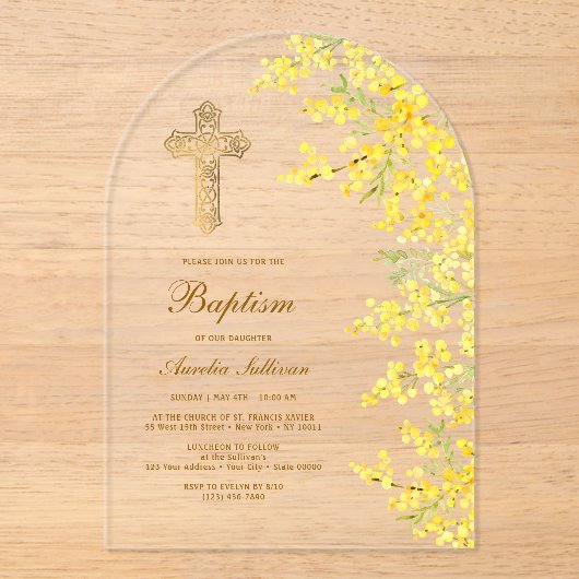 Invitations En Acrylique Aquarelle Mimosa Arch Baptême (Recto)