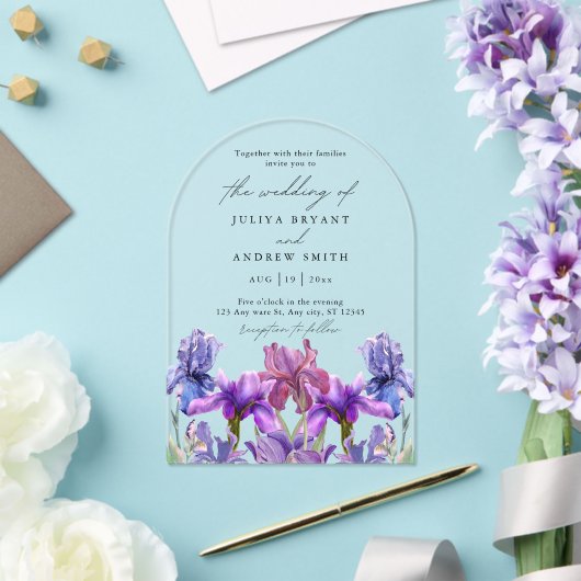 Invitations En Acrylique Aquarelle moderne Iris script floral mariage (Insitu (Mariage))