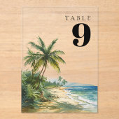 Invitations En Acrylique Aquarelle moderne Plage tropicale Numéro de tablea (Recto)
