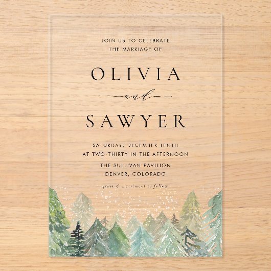 Invitations En Acrylique Aquarelle Neige Forêt À feuillage persistant Maria (Recto)