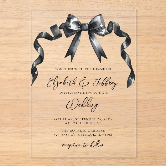 Invitations En Acrylique Aquarelle Noir Bow Coquette Moderne Chic Mariage (Recto)