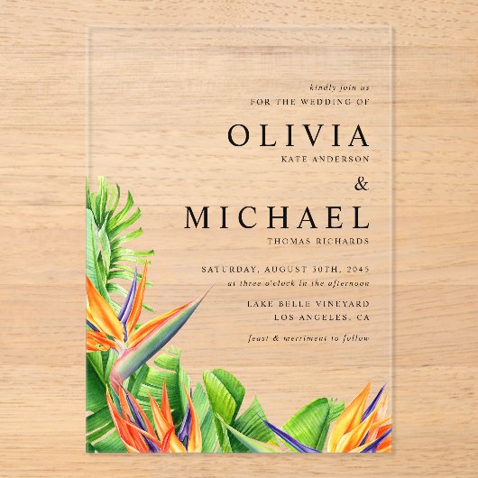 Invitations En Acrylique Aquarelle Oiseaux du Paradis Mariage tropical (Recto)