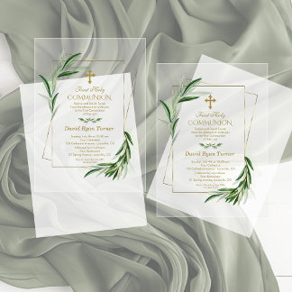 Invitations En Acrylique Aquarelle Olive Feuille Gold Boy Holy Communion