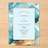 Invitations En Acrylique Aquarelle or turquoise Encre d'alcool Mariage mode (Recto)